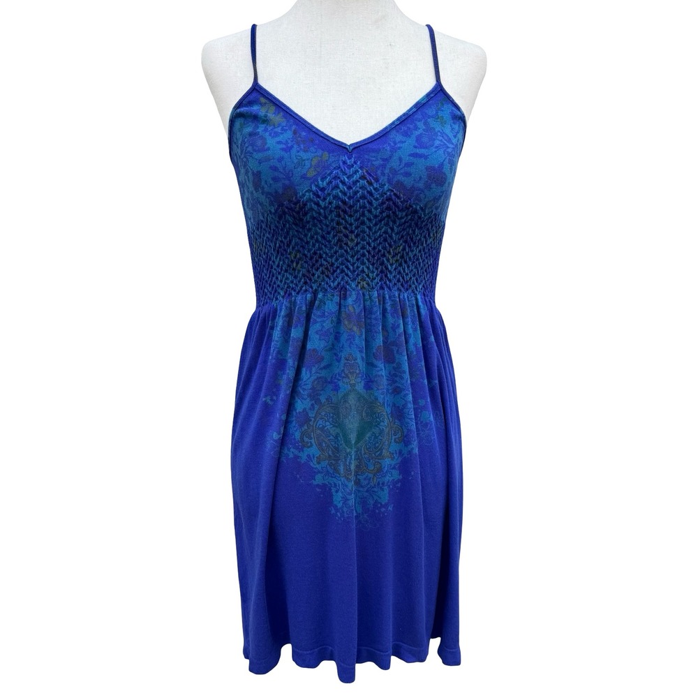 M Rena Blue Floral Damask Smocked Bodice Cami Mini Dress Indie Boho Festival S/M